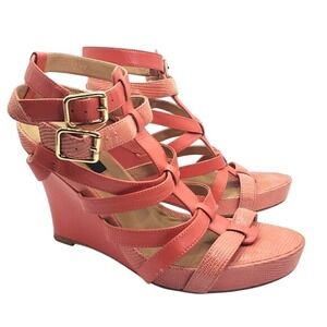 Ann Taylor‎ Leather Strappy Platform Wedge Sandals Two Tone Coral Size 8.5